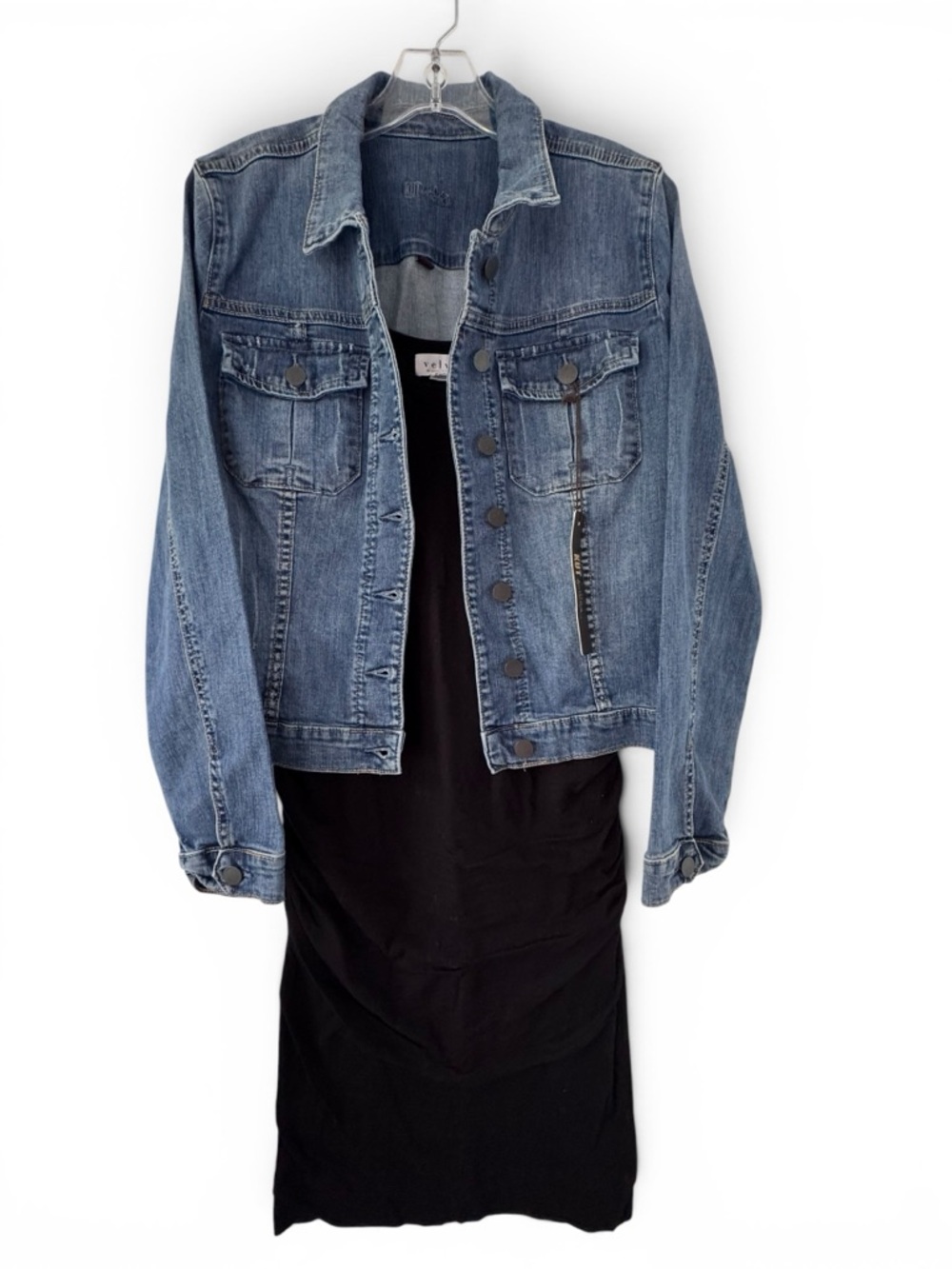 Velvet Brand & Kut Outfit Classic Blue Denim Jacket & Ruched Cotton Tank Dress L
